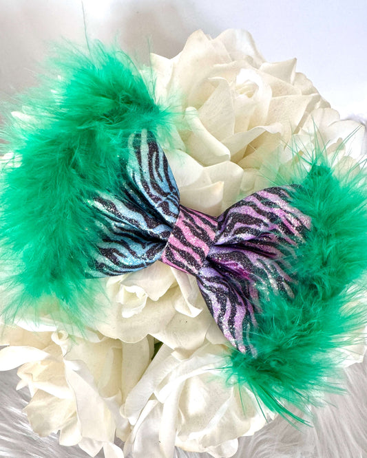 Little Luxe Glitz & Glam Zebra Bow -Green Feathered