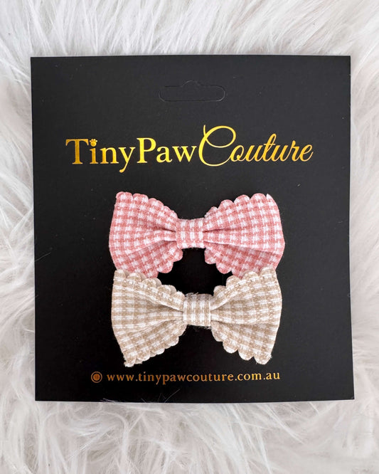 Gingham Charm Mini Bow Set Salmon & Beige