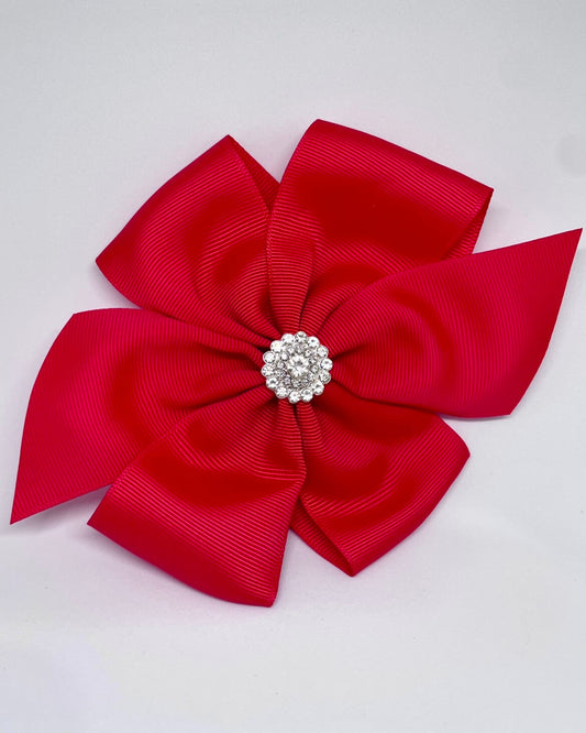 Diamante Flower Bow Red